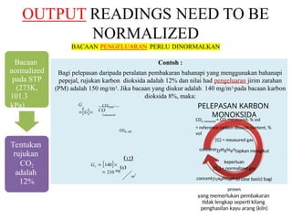 Bacaan
normalized
pada STP
(273K,
101.3
kPa)
Tentukan
rujukan
CO2
adalah
12%
Contoh :
Bagi pelepasan daripada peralatan pembakaran bahanapi yang menggunakan bahanapi
pepejal, rujukan karbon dioksida adalah 12% dan nilai had pengeluaran jirim zarahan
(PM) adalah 150 mg/m3. Jika bacaan yang diukur adalah 140 mg/m3 pada bacaan karbon
dioksida 8%, maka:
CO2, ref
N
CO
CO2,ref
2,measured
G
G
12
 210 mg
m3
GN  140
8
PELEPASAN KARBON
MONOKSIDA
CO2, measured = CO2 measured, % vol
= reference carbon dioxide content, %
vol
[G] = measured gas
concentrDatitioentapkan mengikut
keperluan
[GN] = normalized gas
concent(rcaatiosen to case basis) bagi
proses
yang memerlukan pembakaran
tidak lengkap seperti kilang
penghasilan kayu arang (kiln)
 