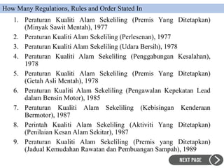How Many Regulations, Rules and Order Stated In
1. Peraturan Kualiti Alam Sekeliling (Premis Yang Ditetapkan)
(Minyak Sawit Mentah), 1977
2. Peraturan Kualiti Alam Sekeliling (Perlesenan), 1977
3. Peraturan Kualiti Alam Sekeliling (Udara Bersih), 1978
4. Peraturan Kualiti Alam Sekeliling (Penggabungan Kesalahan),
1978
5. Peraturan Kualiti Alam Sekeliling (Premis Yang Ditetapkan)
(Getah Asli Mentah), 1978
6. Peraturan Kualiti Alam Sekeliling (Pengawalan Kepekatan Lead
dalam Bensin Motor), 1985
7. Peraturan Kualiti Alam Sekeliling (Kebisingan Kenderaan
Bermotor), 1987
8. Perintah Kualiti Alam Sekeliling (Aktiviti Yang Ditetapkan)
(Penilaian Kesan Alam Sekitar), 1987
9. Peraturan Kualiti Alam Sekeliling (Premis yang Ditetapkan)
(Jadual Kemudahan Rawatan dan Pembuangan Sampah), 1989
 