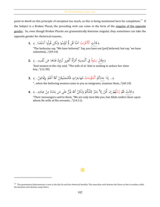 The Verbal Sentence [‫الفعلية‬ ‫اْلملة‬]
102
point to dwell on this principle of exception too much, as this is being mentioned here for completion.77
If
the Subject is a Broken Plural, the preceding verb can come in the form of the singular of the opposite
gender. So, even though Broken Plurals are grammatically feminine singular, they sometimes can take the
opposite gender for rhetorical reasons..
1. ﴾ ..‫ا‬َ‫ن‬ْ‫م‬َ‫ل‬ْ‫َس‬‫أ‬ ‫ا‬‫و‬ُ‫ل‬‫و‬ُ‫ق‬ ‫ن‬ِ‫ك‬َ‫ل‬َ‫و‬ ‫ا‬‫و‬ُ‫ن‬ِ‫م‬ْ‫ؤ‬ُ‫ت‬ َّْ‫َّل‬ ‫ل‬ُ‫ق‬ ‫َّا‬‫ن‬َ‫آم‬ ُ‫اب‬َ‫ر‬ْ‫َع‬ْ‫ٱأل‬ ِ‫ت‬َ‫ل‬‫ا‬َ‫ق‬ ﴿
“The bedouins say, "We have believed." Say, you have not [yet] believed; but say, 'we have
submitted,...”(49:14)
2. ﴾ ..ِ‫ه‬ِ‫س‬ْ‫ف‬َّ‫ن‬ ‫ن‬َ‫ع‬ ‫ا‬َ‫اﻫ‬َ‫ت‬َ‫ف‬ ُ‫د‬ِ‫و‬‫ا‬َ‫ر‬ُ‫ت‬ ِ‫ز‬‫ي‬ِ‫ز‬َ‫ع‬ْ‫ل‬‫ٱ‬ ُ‫ة‬َ‫أ‬َ‫ر‬ْ‫ٱم‬ ِ‫ة‬َ‫ين‬ِ‫د‬َ‫م‬ْ‫ل‬‫ٱ‬ ِ‫ف‬ ‫ة‬َ‫و‬ْ‫س‬ِ‫ن‬ َ‫ال‬َ‫ق‬َ‫و‬ ﴿
“And women in the city said, "The wife of al-‛Azīz is seeking to seduce her slave
boy…”(12:30)
3. ﴾ ..َّ‫ن‬ِِ‫اِن‬َْ‫ُي‬ِِ‫ِب‬ ُ‫م‬َ‫ل‬ْ‫َع‬‫أ‬ َُّ‫ٱّلل‬ َّ‫ن‬ُ‫وﻫ‬ُ‫ن‬ِ‫ح‬َ‫ت‬ْ‫ٱم‬َ‫ف‬ ٍ‫ات‬َ‫ر‬ ِ‫اج‬َ‫ه‬ُ‫م‬ ُ‫ات‬َ‫ن‬ِ‫م‬ْ‫ؤ‬ُ‫م‬ْ‫ل‬‫ٱ‬ ُ‫م‬ُ‫ك‬َ‫اء‬َ‫ج‬ ‫ا‬َ‫ذ‬ِ‫إ‬ ..﴿
“…when the believing women come to you as emigrants, examine them...”(60:10)
4. ﴾ ..ِ‫ه‬ِ‫اد‬َ‫ب‬ِ‫ع‬ ْ‫ن‬ِ‫م‬ ُ‫اء‬َ‫ش‬َ‫ي‬ ‫ن‬َ‫م‬ ‫ى‬َ‫ل‬َ‫ع‬ ُّ‫ن‬َُ‫ُي‬ َ‫ٱّلل‬ َّ‫ن‬ِ‫ك‬َ‫ل‬َ‫و‬ ْ‫م‬ُ‫ك‬ُ‫ل‬ْ‫ث‬ِ‫م‬ ‫ر‬َ‫ش‬َ‫ب‬ َّ‫ال‬ِ‫إ‬ ُ‫ن‬َّْ‫َن‬ ‫ن‬ِ‫إ‬ ْ‫م‬ُ‫ه‬ُ‫ل‬ُ‫س‬ُ‫ر‬ ْ‫م‬َُ‫َل‬ ْ‫ت‬َ‫ل‬‫ا‬َ‫ق‬ ﴿
“Their messengers said to them, "We are only men like you, but Allah confers favor upon
whom He wills of His servants…”(14:11)
77 This grammatical phenomenon is seen in the Qur’ān and has rhetorical benefits. The masculine verb denotes the Doers as few in number, while
the feminine verb denotes many Doers.
 