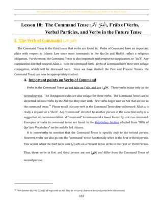 The Command Tense [‫األمر‬ ‫,]الفعل‬ I´râb of Verbs, Verbal Particles, and Verbs in the Future Tense
103
so Lesson 10: The Command Tense [ِ‫ف‬ْ‫ل‬َ‫ا‬ُ‫ل‬ْ‫ع‬‫ر‬ْ‫َم‬ْ‫األ‬] , I‛rāb of Verbs,
Verbal Particles, and Verbs in the Future Tense
I. The Verb of Command [ ُ‫ل‬‫ح‬‫ع‬ِ‫حف‬‫ل‬َ‫ا‬ُ‫ر‬‫ح‬‫َم‬‫ْل‬‫ا‬ ]
The Command Tense is the third tense that verbs are found in. Verbs of Command have an important
place with respect to Islamic Law since most commands in the Qur’ān and Ḥadīth reflect a religious
obligation. Furthermore, the Command Tense is also important with respect to supplication, or “du’ā”. Any
supplication directed towards Allahh is in the command form. Verbs of Command have their own unique
conjugation, which will be discussed here. Since we have studied the Past and Present Tenses, the
Command Tense can now be appropriately studied.
A. Important points on Verbs of Command
Verbs in the Command Tense do not take an I‛rāb, and are [ َُ‫م‬ُ‫ح‬‫ب‬‫ىن‬ ]. These verbs occur only in the
second person. The conjugation rules are also unique for these verbs. The Command Tense can be
identified on most verbs by the Alif that they start with. Few verbs begin with an Alif that are not in
the command tense.78
Please recall that any verb in the Command Tense directed toward Allahh is
really a request or a “du’ā”. Any “command” directed to another person of the same hierarchy is a
suggestion or recommendation. A “command” to someone of a lower hierarchy is a true command.
Examples of verbs in command tense are found in the Vocabulary Section adapted from “80% of
Qur’ānic Vocabulary” on the middle 3rd column.
It is noteworthy to mention that the Command Tense is specific only to the second person.
However, verbs can also go into the “command” tense functionally when in the first or third person.
This occurs when the Ḥarf Jazm Lām [ُِ‫ل‬] acts on a Present Tense verbs in the First or Third Person.
Thus, these verbs in first and third person are not [‫ين‬‫ح‬‫ب‬َ‫م‬] and differ from the Command Tense of
second person.
78 Verb families VII, VIII, IX, and X all begin with an Alif. They do not carry a Sukūn at their end unlike Verbs of Command.
 