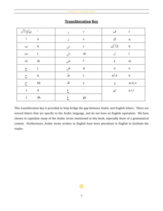 Essentials of Qur’ānic Arabic
7
Transliteration Key
‫ئ/ؤ/أ/ء‬ ’ ‫ر‬ r ‫ف‬ f
١ ā ‫ز‬ z ‫ق‬ q
‫ب‬ b ‫س‬ s /‫ك‬‫ﮎ‬ k
‫ت‬ t ‫ش‬ sh ‫ل‬ l
‫ث‬ th ‫ص‬ ṣ ‫م‬ m
‫ج‬ j ‫ض‬ ḍ ‫ن‬ n
‫ح‬ ḥ ‫ط‬ ṭ /‫ه‬‫ﻫ‬ h
‫خ‬ kh ‫ظ‬ ẓ ‫و‬ w, ū, u
‫د‬ d ‫ع‬ ‛ ‫ي‬ y, i, ī
‫ذ‬ dh ‫غ‬ gh
This transliteration key is provided to help bridge the gap between Arabic and English letters. There are
several letters that are specific to the Arabic language, and do not have an English equivalent. We have
chosen to capitalize many of the Arabic terms mentioned in this book, especially those of a grammatical
context. Furthermore, Arabic terms written in English have been pluralized in English to facilitate the
reader.
 