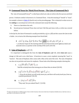 The Command Tense [‫األمر‬ ‫,]الفعل‬ I´râb of Verbs, Verbal Particles, and Verbs in the Future Tense
109
D. Command Tense for Third/First Person – The Lām of Command/Du’ā
The Lām of Command/D’uā [ُِ‫ل‬]80
is a Ḥarf Jazm which acts only on verbs in the first person and third
person. It behaves similar in function to the Command Tense. It has the meaning of “should” or "must".
An example is shown in Table 35 (fourth row) on the preceding page. This is identical to what occurs at
the ending in a second person verb in the command state except the following:
i. There is a Lām before the verb.
ii. Second person Command Tense does not have I‛rāb like past tense verbs, as what was covered
before.
In the Qur’ān, the Lām of Command is usually preceded by a [َُ‫و‬] or a [َُ‫ف‬] and this causes the Lām to take
a Sukūn. Let us look at the following example from Sūrah Kahf.
 ُ﴾‫ا‬‫ا‬‫د‬َ‫َح‬‫أ‬ ِ‫ه‬ِ‫ب‬َ‫ر‬ ِ‫ة‬َ‫اد‬َ‫ب‬ِ‫ع‬ِ‫ب‬ ْ‫ك‬ِ‫ر‬ْ‫ش‬ُ‫ي‬ َ‫ال‬َ‫و‬ ‫ا‬‫ا‬
ِ‫اْل‬َ‫ص‬ ‫ا‬‫ال‬َ‫م‬َ‫ع‬ ْ‫ل‬َ‫م‬ْ‫ع‬َ‫ي‬ْ‫ل‬َ‫ف‬ ِ‫ه‬ِ‫ب‬َ‫ر‬ َ‫اء‬َ‫ق‬ِ‫ل‬ ‫و‬ُ‫ج‬ْ‫ر‬َ‫ي‬ َ‫ن‬‫ا‬َ‫ك‬ ْ‫ن‬َ‫م‬َ‫ف‬ ..﴿
“…so whoever hopes for the meeting with His Lord, then let him work righteous deeds and
associate none as a partner in the worship of His Lord”. (18:110)
E. Lām of Emphasis [‫يد‬ِ‫ك‬ْ‫َّو‬‫الت‬ ُ‫م‬ َ‫ال‬]
It is important to distinguish this from the Lām of Emphasis [‫يد‬ِ‫ك‬‫ح‬‫َّو‬‫ُالت‬‫م‬ َ‫,]ْل‬ which does not cause a
change in I‛rāb and is not a Ḥarf Jazm. It functions to cause a more emphatic meaning like "must" or
"need to". This Lām of Emphasis often comes with a Nūn at the end of the verb. The Lām of Emphasis
can also act on particles and nouns for emphasis. Please look at the following examples showing this.
i. ﴿َُّ‫َّن‬ِ‫إ‬ َ‫و‬َ‫ل‬َ‫بي‬ِ‫ذ‬َ‫ك‬ُ‫م‬ ْ‫م‬ُ‫ك‬ْ‫ن‬ِ‫م‬ َّ‫َن‬‫أ‬ ُ‫م‬َ‫ل‬ْ‫ع‬َ‫ن‬ُ﴾
“And We certainly know that among you are those that are denies”(69:49)
ii. .﴿.‫ا‬‫و‬ُ‫ه‬َ‫نت‬َ‫ت‬ َّْ‫َّل‬ ‫ن‬ِ‫ئ‬َ‫ل‬َ‫ل‬َُ‫َج‬ْ‫ر‬َ‫ن‬َّ‫ن‬َ‫و‬ ْ‫م‬ُ‫ك‬َ‫ل‬َّ‫س‬َ‫م‬َ‫ي‬َّ‫ن‬‫يم‬ِ‫َل‬‫أ‬ ‫اب‬َ‫ذ‬َ‫ع‬ ‫َّا‬‫ن‬ِ‫م‬ ‫م‬ُ‫ك‬ُ﴾
“…If you do not desist, we will surely stone you, and there will surely touch you, from us,
a painful punishment.”(36:18)
iii. ﴿َ‫َّك‬‫ن‬ِ‫إ‬َ‫أ‬ ْ‫ا‬‫و‬ُ‫ل‬‫ا‬َ‫ق‬ََ‫أل‬َ‫نت‬ُ‫ف‬ُ‫وس‬ُ‫ي‬...﴾
“They said, "Are you indeed Yūsuf?...”(12:90)
80 Please note that there are different types of Lām in Arabic Grammar; these also include Lām of emphasis (Tawkīd), Lām as a Ḥarf Jarr, Lām as a
Ḥarf Naṣb on verbs (known as Lām Ta'līl).
 