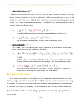 The Command Tense [‫األمر‬ ‫,]الفعل‬ I´râb of Verbs, Verbal Particles, and Verbs in the Future Tense
110
F. Lā of Forbidding [ ‫ال‬َ‫ا‬‫ل‬َّ‫ن‬‫ة‬َّ‫ي‬ِ‫ه‬ ]
This Ḥarf Jazm functions similar to the Verb of Command but in forbidding an action. It typically
denotes religious prohibitions in the Qur’ān and Ḥadīth. Unlike the Command Tense, it can act on the
third person and the first person, although this is not common. It is mainly found acting on the second
person. This Lā needs to be distinguished from the Lā of Negation, which does not cause any change in
I‛rāb, and can act on verbs and nouns.
i. ﴿‫ا‬َ‫ه‬ُّ‫َي‬‫أ‬ َ‫َي‬‫ٱ‬ْ‫ا‬‫و‬ُ‫ن‬َ‫آم‬ َ‫ين‬ِ‫ذ‬َّ‫ل‬ْ‫ا‬‫و‬ُ‫ل‬ُ‫ك‬َْ‫َت‬ َ‫ال‬ِ‫ب‬ ْ‫م‬ُ‫ك‬َ‫ن‬ْ‫ي‬َ‫ب‬ ْ‫م‬ُ‫ك‬َ‫ل‬‫ا‬َ‫و‬ْ‫َم‬‫أ‬‫ٱ‬ِ‫ل‬ِ‫اط‬َ‫ب‬ْ‫ل‬..﴾
“O you who have believed, do not consume one another's wealth unjustly...”(4:29)
ii. ﴿ِ‫ذ‬ِ‫َّخ‬‫ت‬َ‫ي‬ َّ‫ال‬‫ٱ‬َ‫ن‬‫و‬ُ‫ن‬ِ‫م‬ْ‫ؤ‬ُ‫م‬ْ‫ل‬‫ٱ‬ِ‫ن‬ْ‫و‬ُ‫د‬ ‫ن‬ِ‫م‬ َ‫اء‬َ‫ي‬ِ‫ل‬ْ‫َو‬‫أ‬ َ‫ين‬ِ‫ر‬ِ‫اف‬َ‫ك‬ْ‫ل‬‫ٱ‬َ‫ي‬ِ‫ن‬ِ‫م‬ْ‫ؤ‬ُ‫م‬ْ‫ل‬...﴾
“Let not believers take disbelievers as allies rather than believers...”(3:28)
G. Lā of Negation [ ‫ال‬ُ‫ء‬َ‫ا‬‫ل‬َّ‫ن‬‫في‬ ]
This Lā is not a Ḥarf Jazm, and functions in general negation for verbs and nouns. It is included
here to contrast the other types of Lā’s being discussed.
i. ﴿
َ‫و‬‫ٱ‬‫ا‬‫ا‬‫م‬ْ‫و‬َ‫ي‬ ْ‫ا‬‫و‬ُ‫ق‬َّ‫ت‬‫ي‬ِ‫ز‬َْ‫َت‬ َّ‫ال‬َّ‫و‬ ‫ا‬‫ا‬‫ئ‬ْ‫ي‬َ‫ش‬ ٍ‫س‬ْ‫ف‬َّ‫ن‬ ْ‫ن‬َ‫ع‬ ‫س‬ْ‫ف‬َ‫ن‬ُ‫ل‬َ‫ب‬ْ‫ق‬ُ‫ي‬ َ‫ال‬‫ة‬َ‫اع‬َ‫ف‬َ‫ش‬ ‫ا‬َ‫ه‬ْ‫ن‬ِ‫م‬َّ‫و‬َ‫خ‬ْ‫ؤ‬ُ‫ي‬ َ‫ال‬ُ‫ذ‬ْ‫م‬ُ‫ﻫ‬ َ‫ال‬َّ‫و‬ ‫ل‬ْ‫د‬َ‫ع‬ ‫ا‬َ‫ه‬ْ‫ن‬ِ‫م‬
َ‫ن‬‫و‬ُ‫ر‬َ‫نص‬ُ‫ي‬﴾
“And fear a Day when no soul will suffice for another soul at all, nor will intercession be
accepted from it, nor will compensation be taken from it, nor will they be aided.”(2:48)
ii. ﴿َ‫ف‬ ‫ا‬‫و‬ُ‫ام‬َ‫ق‬َ‫ت‬ْ‫ٱس‬ َُّ‫ُث‬ َُّ‫ٱّلل‬ ‫ا‬َ‫ن‬ُّ‫ب‬َ‫ر‬ ‫ا‬‫و‬ُ‫ل‬‫ا‬َ‫ق‬ َ‫ين‬ِ‫ذ‬َّ‫ل‬‫ٱ‬ َّ‫ن‬ِ‫إ‬‫ف‬ْ‫و‬َ‫خ‬ َ‫ال‬َ‫و‬ ْ‫م‬ِ‫ه‬ْ‫ي‬َ‫ل‬َ‫ع‬ْ‫م‬ُ‫ﻫ‬ َ‫ال‬َ‫ن‬‫و‬ُ‫ن‬َ‫ز‬َْ‫ُي‬﴾
“Indeed, those who have said, "Our Lord is Allah ," and then remained on a right course -
there will be no fear concerning them, nor will they grieve.”(46:13)
IV. Future Tense [‫بال‬‫ح‬‫ق‬ِ‫ت‬‫ح‬‫س‬ِ‫اْل‬]
The normal Present Tense state can be used for “future” tense as was discussed previously. The “future
tense” meaning is derived based on context. A more definitive way to express the future tense is by adding
the following particles directly in front of the Present Tense verb. There are two particles, which are used
to specify the future tense: [َُ‫س‬] and [َُ‫ف‬‫ح‬‫و‬َ‫س‬]. One of these particles is placed directly in front of a Present
Tense verb without any effect on its I‛rāb. The [َُ‫س‬] specifies the near future while [َُ‫ف‬‫ح‬‫و‬َ‫س‬] specifies the
distant future.
 