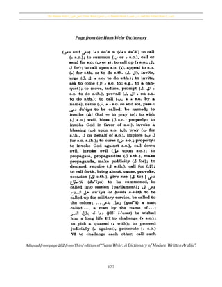 The Passive Verb [‫اجملهول‬ ‫الفعل‬], Doer Noun [‫الفاعل‬ ‫اسم‬], Passive Noun [ ‫اسم‬‫املفعول‬ ], and the Verbal Noun [‫املصدر‬]
122
Page from the Hans Wehr Dictionary
Adapted from page 282 from Third edition of “Hans Wehr: A Dictionary of Modern Written Arabic”.
 