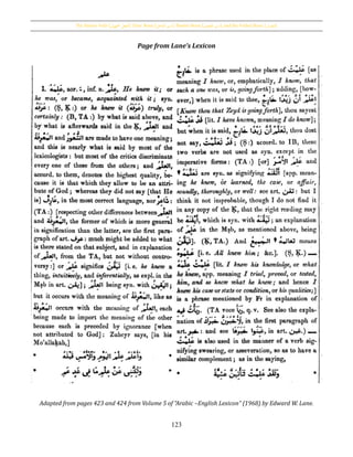 The Passive Verb [‫اجملهول‬ ‫الفعل‬], Doer Noun [‫الفاعل‬ ‫اسم‬], Passive Noun [ ‫اسم‬‫املفعول‬ ], and the Verbal Noun [‫املصدر‬]
123
Page from Lane’s Lexicon
Adapted from pages 423 and 424 from Volume 5 of “Arabic –English Lexicon” (1968) by Edward W. Lane.
 