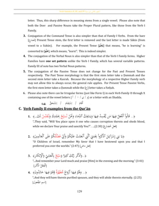 Verb Families II, III, and IV [‫فيه‬ ‫يد‬‫ز‬‫امل‬ ‫الثي‬‫الث‬ ‫الفعل‬]
129
letter. Thus, this sharp difference in meaning stems from a single vowel. Please also note that
both the Doer and Passive Nouns take the Proper Plural pattern, like those from the Verb I
Family,
3. Conjugation of the Command Tense is also simpler than that of Family I Verbs. From the bare
[‫ع‬ِ‫ر‬‫ضا‬ُ‫م‬] Present Tense stem, the first letter is removed and the last letter is made Sākin (from
vowel to a Sukūn). For example, the Present Tense [ُ‫م‬ِ‫ل‬َ‫ع‬‫ي‬] that means, “he is learning” is
converted to [ُ‫ح‬‫م‬ِ‫ل‬َ‫ع‬], which means, “learn!”. This is indeed simpler.
4. The conjugation of the Verbal Noun is also simpler than that of the Verb I Family forms. Higher
Families have one set pattern unlike the Verb I Family, which has several variable patterns.
Family III of note has two Verbal Noun patterns.
5. The conjugation of the Passive Tense does not change for the Past and Present Tenses
respectively. The Past Tense morphology is that the first stem letter take a Ḍammah and the
second stem letter take a Kasrah. Because the morphology of a respective Higher Family verb
may not allow this to always occur, the general rule applies. For Present Tense Passive Verbs,
the first stem letter takes a Ḍammah while the [‫ع‬] letter takes a Fatḥah.
6. Please also note there can be Irregular forms (just like Form I) in each Verb Family II through X
containing one of the vowel letters [ / ‫ا‬ / ‫ي‬ / ‫و‬‫أ‬ ] or a letter with an Shadda.
e.g. / ‫قام‬ِ‫ت‬ْ‫س‬ِ‫ا‬ / َ‫ام‬َ‫ق‬َ‫أ‬َّ‫ق‬َ‫ح‬َ‫ت‬ْ‫س‬ِ‫ا‬
C. Verb Family II examples from the Qur’ān
1. ﴿...ُ‫ك‬ِ‫ف‬ْ‫س‬َ‫ي‬َ‫و‬ ‫ا‬َ‫يه‬ِ‫ف‬ ُ‫د‬ِ‫س‬ْ‫ف‬ُّ‫ي‬ ‫ن‬َ‫م‬ ‫ا‬َ‫يه‬ِ‫ف‬ ُ‫ل‬َ‫ع‬َْ‫ََت‬‫أ‬ ْ‫ا‬‫و‬ُ‫ل‬‫ا‬َ‫ق‬‫ٱ‬ُ‫ن‬َْ‫َن‬َ‫و‬ َ‫اء‬َ‫م‬ِ‫لد‬ُ‫ح‬ِ‫ب‬َ‫س‬ُ‫ن‬َ‫و‬ َ‫ك‬ِ‫د‬ْ‫م‬َ
ِ‫ِب‬ُ‫س‬ِ‫د‬َ‫ق‬ُ‫ن‬َ‫ك‬َ‫ل‬...﴾
“..They said, "Will You place upon it one who causes corruption therein and sheds blood,
while we declare Your praise and sanctify You?"…..(2:30) [‫ع‬‫ضار‬ُ‫م‬ ‫فعل‬]
2. ﴿
َ‫يل‬ِ‫آئ‬َ‫ر‬ْ‫س‬ِ‫إ‬ َِِ‫ب‬ َ‫َي‬‫ٱ‬َ
ِ‫ِت‬َ‫م‬ْ‫ع‬ِ‫ن‬ ْ‫ا‬‫و‬ُ‫ر‬ُ‫ك‬ْ‫ذ‬‫ٱ‬ِ‫َِن‬‫أ‬َ‫و‬ ْ‫م‬ُ‫ك‬ْ‫ي‬َ‫ل‬َ‫ع‬ ُ‫ت‬ْ‫م‬َ‫ع‬ْ‫َن‬‫أ‬ ِ‫ِت‬َّ‫ل‬ُ‫ت‬ْ‫ل‬َّ‫ض‬َ‫ف‬‫ى‬َ‫ل‬َ‫ع‬ ْ‫م‬ُ‫ك‬‫ٱ‬َ‫ي‬ِ‫م‬َ‫ل‬‫ا‬َ‫ع‬ْ‫ل‬﴾
“O Children of Israel, remember My favor that I have bestowed upon you and that I
preferred you over the worlds.” (2:47) [ ‫فعل‬ٍ‫ماض‬ ]
3. ﴿...
َ‫و‬‫ٱ‬َ‫و‬ ‫ا‬‫ا‬‫ري‬ِ‫ث‬َ‫ك‬ َ‫ك‬َّ‫ب‬َّ‫ر‬ ‫ر‬ُ‫ك‬ْ‫ذ‬ْ‫ح‬ِ‫ب‬َ‫س‬ِ‫ب‬‫ٱ‬َ‫و‬ ِ‫ي‬ِ‫ش‬َ‫ع‬ْ‫ل‬‫ٱ‬ِ‫ر‬‫ا‬َ‫ك‬ْ‫ب‬ِْ‫ْل‬﴾
“...And remember your Lord much and praise [Him] in the evening and the morning.” (3:41)
[‫ر‬ْ‫َم‬ْ‫األ‬ ُ‫ل‬ْ‫ع‬ِ‫ف‬ْ‫ل‬َ‫ا‬]
4. ﴿...‫اج‬َ‫و‬ْ‫َز‬‫أ‬ ‫ا‬َ‫يه‬ِ‫ف‬ ْ‫م‬َُ‫َل‬َ‫و‬‫ة‬َ‫ر‬َّ‫ه‬َ‫ط‬ُّ‫م‬َ‫ن‬‫و‬ُ‫د‬ِ‫ال‬َ‫خ‬ ‫ا‬َ‫يه‬ِ‫ف‬ ْ‫م‬ُ‫ﻫ‬َّ‫و‬﴾
“..And they will have therein purified spouses, and they will abide therein eternally. (2:25)
[ ‫اسم‬
َ
‫امل‬‫عول‬ْ‫ف‬ ]
 
