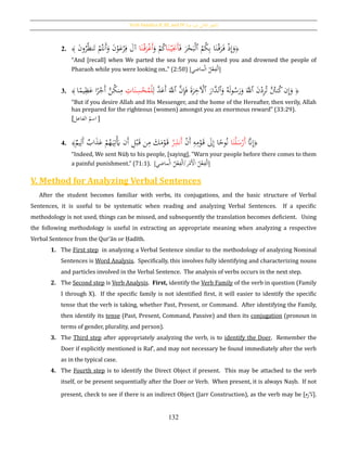 Verb Families II, III, and IV [‫فيه‬ ‫يد‬‫ز‬‫امل‬ ‫الثي‬‫الث‬ ‫الفعل‬]
132
2. ﴿
ُ‫م‬ُ‫ك‬ِ‫ب‬ ‫ا‬َ‫ن‬ْ‫ق‬َ‫ر‬َ‫ف‬ ْ‫ذ‬ِ‫إ‬َ‫و‬‫ٱ‬َ‫ف‬ َ‫ر‬ْ‫ح‬َ‫ب‬ْ‫ل‬‫ا‬َ‫ن‬ْ‫ي‬َ‫ََن‬‫أ‬َ‫و‬ ْ‫م‬ُ‫ك‬‫ا‬َ‫ن‬ْ‫ق‬َ‫ر‬ْ‫غ‬َ‫أ‬َ‫ن‬‫و‬ُ‫ر‬ُ‫ظ‬‫ن‬َ‫ت‬ ْ‫م‬ُ‫َنت‬‫أ‬َ‫و‬ َ‫ن‬ْ‫و‬َ‫ع‬ْ‫ر‬ِ‫ف‬ َ‫آل‬ُ﴾
“And [recall] when We parted the sea for you and saved you and drowned the people of
Pharaoh while you were looking on..” (2:50) [‫ماضي‬ْ‫ل‬‫ا‬ ُ‫ل‬ْ‫ع‬ِ‫ف‬ْ‫ل‬َ‫ا‬]
3. ﴿َ‫ن‬ْ‫د‬ِ‫ر‬ُ‫ت‬ َُّ‫نت‬ُ‫ك‬‫ن‬ِ‫إ‬َ‫و‬‫ٱ‬َ‫و‬ ُ‫ه‬َ‫ل‬‫و‬ُ‫س‬َ‫ر‬َ‫و‬ ََّ‫ّلل‬‫ٱ‬َ‫َّار‬‫لد‬‫ٱ‬َّ‫ن‬ِ‫إ‬َ‫ف‬ َ‫ة‬َ‫ر‬ِ‫خ‬ ْ‫آل‬‫ٱ‬ِ‫ل‬ َّ‫د‬َ‫َع‬‫أ‬ ََّ‫ّلل‬ِ‫ات‬َ‫ن‬ِ‫س‬ْ‫ح‬ُ‫م‬ْ‫ل‬‫ا‬‫ا‬‫يم‬ِ‫ظ‬َ‫ع‬ ‫ا‬‫ا‬‫ر‬ْ‫َج‬‫أ‬ َّ‫ن‬ُ‫ك‬‫ن‬ِ‫م‬ُ﴾
“But if you desire Allah and His Messenger, and the home of the Hereafter, then verily, Allah
has prepared for the righteous (women) amongst you an enormous reward” (33:29).
[‫الفاعل‬ ُ‫اسم‬ ]
4. ﴿َّ‫َّن‬ِ‫إ‬‫ا‬َ‫ن‬ْ‫ل‬َ‫س‬ْ‫َر‬‫أ‬ْ‫ن‬َ‫أ‬ ِ‫ه‬ِ‫م‬ْ‫و‬َ‫ق‬ َ‫ىل‬ِ‫إ‬ ‫ا‬‫ا‬‫وح‬ُ‫ن‬ْ‫ر‬ِ‫َنذ‬‫أ‬َ‫ك‬َ‫م‬ْ‫و‬َ‫ق‬‫يم‬ِ‫َل‬‫أ‬ ‫اب‬َ‫ذ‬َ‫ع‬ ْ‫م‬ُ‫ه‬َ‫ي‬ِ‫ت‬َْ‫َي‬ ‫َن‬‫أ‬ ِ‫ل‬ْ‫ب‬َ‫ق‬ ‫ن‬ِ‫م‬﴾
“Indeed, We sent Nūḥ to his people, [saying], "Warn your people before there comes to them
a painful punishment.” (71:1). [ ‫ر‬ْ‫َم‬ْ‫األ‬ ُ‫ل‬ْ‫ع‬ِ‫ف‬ْ‫ل‬َ‫ا‬/‫ماضي‬ْ‫ل‬‫ا‬ ُ‫ل‬ْ‫ع‬ِ‫ف‬ْ‫ل‬َ‫ا‬ ]
V. Method for Analyzing Verbal Sentences
After the student becomes familiar with verbs, its conjugations, and the basic structure of Verbal
Sentences, it is useful to be systematic when reading and analyzing Verbal Sentences. If a specific
methodology is not used, things can be missed, and subsequently the translation becomes deficient. Using
the following methodology is useful in extracting an appropriate meaning when analyzing a respective
Verbal Sentence from the Qur’ān or Ḥadīth.
1. The First step in analyzing a Verbal Sentence similar to the methodology of analyzing Nominal
Sentences is Word Analysis. Specifically, this involves fully identifying and characterizing nouns
and particles involved in the Verbal Sentence. The analysis of verbs occurs in the next step.
2. The Second step is Verb Analysis. First, identify the Verb Family of the verb in question (Family
I through X). If the specific family is not identified first, it will easier to identify the specific
tense that the verb is taking, whether Past, Present, or Command. After identifying the Family,
then identify its tense (Past, Present, Command, Passive) and then its conjugation (pronoun in
terms of gender, plurality, and person).
3. The Third step after appropriately analyzing the verb, is to identify the Doer. Remember the
Doer if explicitly mentioned is Raf‛, and may not necessary be found immediately after the verb
as in the typical case.
4. The Fourth step is to identify the Direct Object if present. This may be attached to the verb
itself, or be present sequentially after the Doer or Verb. When present, it is always Naṣb. If not
present, check to see if there is an indirect Object (Jarr Construction), as the verb may be [‫م‬ِ‫ز‬‫ال‬].
 