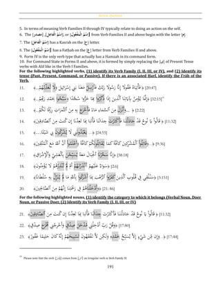 Review Questions
191
5. In terms of meaning Verb Families II through IV typically relate to doing an action on the self.
6. The [ ‫ل‬ِ‫حفاع‬‫ل‬‫ُا‬‫م‬‫ح‬‫س‬ِ‫ا‬],[‫مصدر‬ ], or [ ُ‫ع‬‫ح‬‫ف‬َ‫حم‬‫ل‬‫ُا‬‫م‬‫ح‬‫س‬ِ‫ا‬‫ول‬ ] from Verb Families II and above begin with the letter [‫م‬].
7. The [‫ل‬ِ‫حفاع‬‫ل‬‫ُا‬‫م‬‫ح‬‫س‬ِ‫ا‬] has a Kasrah on the [‫ع‬] letter.
8. The [ ُ‫ع‬‫ح‬‫ف‬َ‫حم‬‫ل‬‫ُا‬‫م‬‫ح‬‫س‬ِ‫ا‬‫ول‬ ] has a Fatḥah on the [‫ع‬] letter from Verb Families II and above.
9. Form IV is the only verb type that actually has a Hamzah in its command form.
10. For Command State in Forms II and above, it is formed by simply replacing the [‫]ي‬ of Present Tense
verbs with Alif like in the Verb I Families.
For the following highlighted verbs, (1) identify its Verb Family (I, II, III, or IV), and (2) Identify its
tense (Past, Present, Command, or Passive). If there is an associated Ḥarf, identify the I‛rāb of the
Verb.
11. ﴾...
ْ‫م‬ُ‫ه‬ْ‫ب‬ِ‫ذ‬َ‫ع‬ُ‫ت‬ َ‫ال‬َ‫و‬ َ‫يل‬ِ‫ائ‬َ‫ر‬ْ‫س‬ِ‫إ‬ َِِ‫ب‬ ‫ا‬َ‫ن‬َ‫ع‬َ‫م‬ ْ‫ل‬ِ‫س‬ْ‫ر‬َ‫أ‬َ‫ف‬ َ‫ك‬ِ‫ب‬َ‫ر‬ َ‫وال‬ُ‫س‬َ‫ر‬ َّ‫َّن‬ِ‫إ‬ َ‫وال‬ُ‫ق‬َ‫ف‬ ُ‫اه‬َ‫ي‬ِ‫ت‬ْ‫أ‬َ‫ف‬ ﴿ [20:47]
12. ﴾...
ْ‫م‬ِِ‫ب‬َ‫ر‬ ِ‫د‬ْ‫م‬َ
ِ‫ِب‬ ‫ا‬‫و‬ُ‫ح‬َّ‫ب‬َ‫س‬َ‫و‬ ‫ا‬‫ا‬‫د‬َّ‫ج‬ُ‫س‬ ‫ا‬‫و‬ُّ‫ر‬َ‫خ‬ ‫ا‬َ
ِ‫ب‬ ‫ا‬‫و‬ُ‫ر‬ِ‫ك‬ُ‫ذ‬ ‫ا‬َ‫ذ‬ِ‫إ‬ َ‫ين‬ِ‫ذ‬َّ‫ل‬‫ٱ‬ ‫ا‬َ‫ن‬ِ‫ت‬َ‫َي‬ِ‫ِب‬ ُ‫ن‬ِ‫م‬ْ‫ؤ‬ُ‫ي‬ ‫ا‬ََّ‫َّن‬ِ‫إ‬﴿ [32:15]93
13. ﴾...
ْ‫م‬ُ‫ك‬َ‫ل‬ ‫ا‬‫ا‬‫ق‬ْ‫ز‬ِ‫ر‬ ِ‫ات‬َ‫ر‬َ‫َّم‬‫ث‬‫ٱل‬ َ‫ن‬ِ‫م‬ ِ‫ه‬ِ‫ب‬ َ‫ج‬َ‫ر‬ْ‫َخ‬‫أ‬َ‫ف‬ ‫ا‬‫اء‬َ‫م‬ ِ‫اء‬َ‫م‬َّ‫ٱلس‬ َ‫ن‬ِ‫م‬ َ‫ل‬َ‫ز‬ْ‫َن‬‫أ‬َ‫و‬... ﴿ [2:22]
14. ﴾َ‫ي‬ِ‫ق‬ِ‫اد‬َّ‫ٱلص‬ َ‫ن‬ِ‫م‬ َ‫نت‬ُ‫ك‬‫ن‬ِ‫إ‬ َ‫َّن‬ُ‫د‬ِ‫ع‬َ‫ت‬ ‫ا‬َِ‫ِب‬ ‫ا‬ِ‫ن‬َ‫ت‬ْ‫أ‬َ‫ف‬ ‫ا‬َ‫ن‬َ‫ل‬‫ا‬َ‫د‬ ِ‫ج‬ َ‫ت‬ْ‫ر‬َ‫ث‬ْ‫ك‬َ‫أ‬َ‫ف‬ ‫ا‬َ‫ن‬َ‫ت‬ْ‫ل‬َ‫اد‬َ‫ج‬ ْ‫د‬َ‫ق‬ ُ‫وح‬ُ‫ن‬ َ‫َي‬ ْ‫ا‬‫و‬ُ‫ل‬‫ا‬َ‫ق‬ ﴿ [11:32]
15. ﴾...‫ا‬‫ا‬‫ئ‬ْ‫ي‬َ‫ش‬ ِ‫ب‬ َ‫ن‬‫و‬ُ‫ك‬ِ‫ر‬ْ‫ش‬ُ‫ي‬ َ‫ال‬ َِِ‫ن‬‫و‬ُ‫د‬ُ‫ب‬ْ‫ع‬َ‫ي‬ ...﴿ [24:55]
16. ﴾َ‫ي‬ِ‫َّق‬‫ت‬ُ‫م‬ْ‫ل‬‫ٱ‬ َ‫ع‬َ‫م‬ َ‫ٱّلل‬ َّ‫َن‬‫أ‬ ْ‫ا‬‫و‬ُ‫م‬َ‫ل‬ْ‫ٱع‬َ‫و‬ ‫ا‬‫ة‬َّ‫ف‬‫آ‬َ‫ك‬ ْ‫م‬ُ‫ك‬َ‫ن‬‫و‬ُ‫ل‬ِ‫ات‬َ‫ق‬ُ‫ي‬ ‫ا‬َ‫م‬َ‫ك‬‫ا‬‫ة‬َّ‫ف‬‫آ‬َ‫ك‬ َ‫ي‬ِ‫ك‬ِ‫ر‬ْ‫ش‬ُ‫م‬ْ‫ل‬‫ٱ‬ ْ‫ا‬‫و‬ُ‫ل‬ِ‫ات‬َ‫ق‬َ‫و‬...﴿ [9:36]
17. ﴾ ِ‫اق‬َ‫ر‬ْ‫ش‬ِْ‫ٱْل‬َ‫و‬ ِ‫ي‬ِ‫ش‬َ‫ع‬ْ‫ل‬‫ٱ‬ِ‫ب‬ َ‫ن‬ْ‫ح‬ِ‫ب‬َ‫س‬ُ‫ي‬ ُ‫ه‬َ‫ع‬َ‫م‬ َ‫ال‬َ‫ب‬ِْ‫ٱْل‬ َ‫َّن‬ْ‫ر‬َّ‫خ‬َ‫س‬ َّ‫َّن‬ِ‫إ‬﴿ [38:18]
18. ﴾َ‫ن‬‫و‬ُ‫ن‬ِ‫م‬ْ‫ؤ‬ُ‫ي‬ َ‫ال‬ ْ‫م‬ُ‫ﻫ‬ْ‫ر‬ِ‫ذ‬ْ‫ن‬ُ‫ت‬ َْ‫َّل‬ ْ‫َم‬‫أ‬ ْ‫م‬ُ‫ه‬َ‫ت‬ْ‫ر‬َ‫ذ‬ْ‫ن‬َ‫أ‬َ‫أ‬ ْ‫م‬ِ‫ه‬ْ‫ي‬َ‫ل‬َ‫ع‬ ‫اء‬َ‫و‬َ‫س‬﴿ [2:6]
19. ﴾‫ا‬‫اَّن‬َ‫ط‬ْ‫ل‬ُ‫س‬ ِ‫ه‬ِ‫ب‬ ْ‫ل‬ِ‫ز‬َ‫ن‬ُ‫ي‬ َْ‫َّل‬ ‫ا‬َ‫م‬ َِّ‫ٱّلل‬ِ‫ب‬ ‫ا‬‫و‬ُ‫ك‬َ‫ر‬ْ‫ش‬َ‫أ‬ ‫ا‬َِ‫ِب‬ َ‫ب‬ْ‫ع‬ُّ‫ٱلر‬ ‫ا‬‫و‬ُ‫ر‬َ‫ف‬َ‫ك‬ َ‫ين‬ِ‫ذ‬َّ‫ل‬‫ٱ‬ ِ‫وب‬ُ‫ل‬ُ‫ق‬ ِ‫ف‬ ‫ي‬ِ‫ق‬ْ‫ل‬ُ‫ن‬َ‫س‬﴿ [3:151]
20. ﴾َ‫ي‬ِِ‫اْل‬َّ‫ٱلص‬ َ‫ن‬ِ‫م‬ ْ‫م‬ُ‫َّه‬‫ن‬ِ‫إ‬ ‫ا‬َ‫ن‬ِ‫ت‬َْ‫ح‬َ‫ر‬ ِ‫ف‬ ْ‫م‬ُ‫اﻫ‬َ‫ن‬ْ‫ل‬َ‫خ‬ْ‫َد‬‫أ‬َ‫و‬﴿ [21: 86]
For the following highlighted nouns, (1) identify the category to which it belongs (Verbal Noun, Doer
Noun, or Passive Doer, (2) Identify its Verb Family (I, II, III, or IV)
21. ﴾َ‫ي‬ِ‫ق‬ِ‫اد‬َّ‫ٱلص‬ َ‫ن‬ِ‫م‬ َ‫نت‬ُ‫ك‬‫ن‬ِ‫إ‬ َ‫َّن‬ُ‫د‬ِ‫ع‬َ‫ت‬ ‫ا‬َِ‫ِب‬ ‫ا‬ِ‫ن‬َ‫ت‬ْ‫أ‬َ‫ف‬ ‫ا‬َ‫ن‬َ‫ل‬‫ا‬َ‫د‬ ِ‫ج‬ َ‫ت‬ْ‫ر‬َ‫ث‬ْ‫ك‬َ‫أ‬َ‫ف‬ ‫ا‬َ‫ن‬َ‫ت‬ْ‫ل‬َ‫اد‬َ‫ج‬ ْ‫د‬َ‫ق‬ ُ‫وح‬ُ‫ن‬ َ‫َي‬ ْ‫ا‬‫و‬ُ‫ل‬‫ا‬َ‫ق‬ ﴿ [11:32]
22. ﴾ ٍ‫ق‬ْ‫د‬ِ‫ص‬ َ‫ج‬َ‫ر‬ُْ‫َّم‬ ِِْ‫ج‬ِ‫ر‬ْ‫َخ‬‫أ‬َ‫و‬ ٍ‫ق‬ْ‫د‬ِ‫ص‬ َ‫ل‬َ‫خ‬ْ‫د‬ُ‫م‬ ِِْ‫ل‬ِ‫خ‬ْ‫َد‬‫أ‬ ِ‫ب‬َ‫ر‬ ْ‫ل‬ُ‫ق‬َ‫و‬﴿ [17:80]
23. ﴾
‫ا‬‫ور‬ُ‫ف‬َ‫غ‬ ‫ا‬‫ا‬‫يم‬ِ‫ل‬َ‫ح‬ َ‫ن‬‫ا‬َ‫ك‬ُ‫َّه‬‫ن‬ِ‫إ‬ ْ‫م‬ُ‫ه‬َ‫يح‬ِ‫ب‬ْ‫س‬َ‫ت‬ َ‫ن‬‫و‬ُ‫ه‬َ‫ق‬ْ‫ف‬َ‫ت‬ َّ‫ال‬ ‫ن‬ِ‫ك‬َ‫ل‬َ‫و‬ ِ‫ه‬ِ‫د‬ْ‫م‬َ
ِ‫ِب‬ ُ‫ح‬ِ‫ب‬َ‫س‬ُ‫ي‬ َّ‫ال‬ِ‫إ‬ ٍ‫ء‬ْ‫ي‬َ‫ش‬ ‫ن‬ِ‫م‬ ‫ن‬ِ‫إ‬َ‫و‬...﴿ [17:44]
93
Please note that the verb [ُ‫ن‬ِ‫م‬ْ‫ؤ‬ُ‫]ي‬ comes from [َ‫ن‬‫]آم‬ an Irregular verb in Verb Family IV.
 