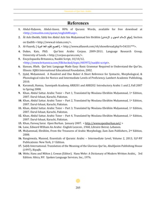 Essentials of Qur’ânic Arabic
205
References
1. Abdul-Raḥeem, Abdul-Azeez. 80% of Quranic Words, available for free download at
<http://emuslim.com/quran/english80.asp>.
2. Āl Ash-Sheikh, Sāliḥ bin Abdul Azīz bin Muḥammad bin Ibrāhīm [‫وقعُاإلسالمُالدعويُوُاإلرشادي‬َ‫م‬], Section
on Ḥadīth < http://www.al-islam.com/>.
3. Al-Faṣeeḥ, [ُ‫ة‬‫ومُاللغةُالعربي‬‫ل‬‫ع‬ِ‫الفصيحُل‬], < http://www.alfaseeh.com/vb/showthread.php?t=54331***>.
4. Dukes, Kais, PhD. Qur’ānic Arabic Corpus. 2009-2011. Language Research Group,
University of Leeds. < http://corpus.quran.com/>.
5. Encyclopaedia Britannica, Naskhi Script, 10/10/12,
<http://www.britannica.com/EBchecked/topic/403972/naskhi-script>.
6. Ḥassan, Iffath. Qur’ānic Language Made Easy: Basic Grammar Required to Understand the Qur’ān.
Illinois: IQRA International Educational Foundation, 2002.
7. Jiyād, Moḥammed. A Hundred and One Rules! A Short Reference for Syntactic, Morphological, &
Phonological rules for Novice and Intermediate Levels of Proficiency. Lambert Academic Publishing,
2010.
8. Karamali, Hamza, Sunnipath Academy, ARB201 and ARB202: Introductory Arabic 1 and 2, Fall 2007
to Spring 2008.
9. Khan, Abdul Sattar. Arabic Tutor – Part 1, Translated by Moulana Ebrāhīm Muḥammad, 1st Edition,
2007. Darul-Ishaat, Karachi, Pakistan.
10. Khan, Abdul Sattar. Arabic Tutor – Part 2, Translated by Moulana Ebrāhīm Muḥammad, 1st Edition,
2007. Darul-Ishaat, Karachi, Pakistan.
11. Khan, Abdul Sattar. Arabic Tutor – Part 3, Translated by Moulana Ebrāhīm Muḥammad, 1st Edition,
2007. Darul-Ishaat, Karachi, Pakistan.
12. Khan, Abdul Sattar. Arabic Tutor – Part 4, Translated by Moulana Ebrāhīm Muḥammad, 1st Edition,
2007. Darul-Ishaat, Karachi, Pakistan.
13. Khan, Farooq Sarar. Open Burhan. January 2007. < http://www.openburhan.net/ >
14. Lane, Edward William An Arabic- English Lexicon , 1968, Libraire Beirut, Lebanon.
15. Muḥammad, Ebrāhīm, From the Treasures of Arabic Morphology, Zam Zam Publishers, 2nd Edition,
2008.
16. Ranginwala, Masood, Essentials of Quranic Arabic – Intermediate Level, Volume 2, 2013, ILF-NY
Publications: New York, 1st Edition.
17. Ṣaḥīḥ International. Translation of the Meaning of the Glorious Qur’ān, AbulQasim Publishing House
(1997), Riyaḍh.
18. Wehr, Hans and Milton J. Cowan (Editor). Hans Wehr: A Dictionary of Modern Written Arabic. 3rd
Edition. Ithica, NY: Spoken Language Services, Inc., 1976.
 