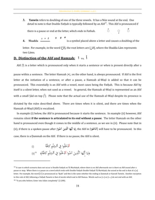 Introduction to Arabic Grammar: [‫الكلمة‬]
18
3. Tanwīn refers to doubling of one of the three vowels. It has a Nūn sound at the end. One
detail to note is that Double Fatḥah is typically followed by an Alif15
. This Alif is pronounced if
there is a pause or end at the letter, which ends in Fathah. ً ًٍ
4. Shadda ‫ﱠ‬‫ﱠ‬‫ﱞ‬‫ﱟ‬‫ﳳﳴﳲ‬ is a symbol placed above a letter and causes a doubling of the
letter. For example, in the word [َّ‫ل‬َ‫ق‬], the root letters are [‫قلل‬], where the Shadda Lām represents
two Lāms.
D. Distinction of the Alif and Hamzah: ‫ا‬ vs. ‫أ‬
Alif [‫ا‬] is a letter which is pronounced only when it starts a sentence or when is present directly after a
pause within a sentence. The letter Hamzah [‫ء‬], on the other hand, is always pronounced. If Alif is the first
letter at the initiation of a sentence, or after a pause, a Hamzah al-Waṣl is added so that it can be
pronounced. This essentially is an Alif with a vowel, most cases being the Fatḥah. This is because Alif by
itself is a silent letter, when not used as a vowel. In general, the Hamzah al-Waṣl is represented as an Alif
with a small Ṣād on top [‫ٱ‬]. Please note that the actual use of the Hamzah al-Waṣl despite its presence is
dictated by the rules described above. There are times when it is silent, and there are times when the
Hamzah al-Waṣl (Alif) is vocalized.
In example (i) below, the Alif is pronounced because it starts the sentence. In example (ii) however, Alif
remains silent if the sentence is articulated to its end without a pause. The letter Hamzah on the other
hand is pronounced even though it comes in the middle of a sentence, as we see in (ii). Please note that in
(ii), if there is a spoken pause after [ ُ‫ا‬َ‫ه‬ُّ‫َي‬‫أ‬ُ َ‫َي‬‫ٱ‬‫وا‬‫ن‬َ‫ُآم‬َ‫ين‬ِ‫ذ‬َّ‫ل‬ ], the Alif in [ ‫ٱ‬‫لوا‬‫خ‬‫ح‬‫د‬ ] will have to be pronounced. In this
case, there is a Ḍammah on the Alif. If there is no pause, the Alif is silent.
(i) ‫ٱ‬ِ‫ف‬ ‫ا‬‫و‬ُ‫ل‬ُ‫خ‬ْ‫د‬‫ٱ‬‫ا‬‫ة‬َّ‫ف‬‫كا‬ ِ‫م‬ْ‫ل‬ِ‫لس‬
(ii)16
﴾‫ا‬‫ة‬َّ‫ف‬‫ا‬َ‫ك‬ ِ‫م‬ْ‫ل‬ِ‫ٱلس‬ ِ‫ف‬ ‫ا‬‫و‬ُ‫ل‬ُ‫خ‬ْ‫ٱد‬ ‫ا‬‫و‬ُ‫ن‬َ‫آم‬ َ‫ين‬ِ‫ذ‬َّ‫ل‬‫ٱ‬ ‫ا‬َ‫ه‬ُّ‫ي‬َ‫أ‬ َ‫َي‬﴿
15 A case in which scenario does not occur is Double Fatḥah on Tā Marbūṭah, where there is no Alif afterwards nor is there an Alif sound after a
pause or stop. When there is a pause on a word which ends with Double Fatḥah Double Fatḥah Tā Marbūṭah, the sound at the end is that of a [‫]ه‬
letter. For example, the word [‫ا‬‫ة‬َ‫]آي‬ is pronounced as “Ayah” and this is the same whether the ending is Ḍammah or Kasrah Tanwīn. Another exception
to this rule of Alif, following a Fatḥah Tanwīn is that of words which end in Alif Hamza. Words such as [‫ا‬‫ماء‬] or [‫ا‬‫ساء‬ِ‫ن‬] do not end with an Alif.
16 “O you who believe, Enter into Islām completely” (2:208).
 