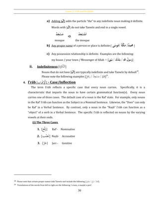 Lesson 2: I´râb and Flexibility
30
a) Adding [‫ال‬] adds the particle “the” to any indefinite noun making it definite.
Words with [‫ال‬] do not take Tanwīn and end in a single vowel.
ُ‫د‬ِ‫ج‬‫ح‬‫س‬َ‫م‬

ُ‫د‬ِ‫ج‬‫ح‬‫ملس‬َ‫ا‬
mosque the mosque
b) Any proper name of a person or place is definite:[ ُُ‫حممد‬/ُُ‫ة‬َّ‫ك‬َ‫م‬ُ/ُ‫وس‬‫م‬‫ى‬ُ ]
c) Any possession relationship is definite. Examples are the following:
my house / your town / Messenger of Allah = [‫يت‬‫ح‬‫ي‬َ‫ُ/ُب‬َ‫ك‬‫د‬َ‫ل‬َ‫ُ/ُب‬ِ‫ُهللا‬‫سول‬َ‫ر‬]
ii. Indefiniteness [ َّ‫ن‬‫ل‬َ‫ا‬‫ة‬َ‫ر‬ِ‫ك‬ ]
Nouns that do not have [‫ال‬] are typically indefinite and take Tanwīn by default
28
.
Please note the following examples [‫ل‬ُ‫ج‬َ‫ر‬ / ‫د‬ِ‫ج‬ْ‫س‬َ‫م‬ / ‫م‬َ‫ل‬َ‫ق‬]29
.
4. I‛rāb [‫اب‬‫ر‬ْ‫ع‬ِْ‫ْل‬َ‫ا‬] - Case/Inflection
The term I‛rāb reflects a specific case that every noun carries. Specifically, it is a
characteristic that imparts the noun to have certain grammatical function(s). Every noun
carries one of three cases. The default case of a noun is the Raf‛ state. For example, only nouns
in the Raf‛ I‛rāb can function as the Subject in a Nominal Sentence. Likewise, the “Doer” can only
be Raf‛ in a Verbal Sentence. By contrast, only a noun in the “Naṣb” I‛rāb can function as a
“object” of a verb in a Verbal Sentence. The specific I‛rāb is reflected on nouns by the varying
vowels at their ends.
(i) The Three Cases
1. [‫ع‬ْ‫ف‬َ‫ر‬] Raf‛- Nominative
2. [‫ب‬ْ‫ص‬َ‫ن‬] Naṣb- Accusative
3. [‫ر‬َ‫ج‬] Jarr - Genitive
28 Please note that certain proper names take Tanwīn and include the following [‫ور‬ُ‫ص‬ْ‫ن‬َ‫م‬ / ‫وح‬ُ‫ن‬ / ‫د‬َّ‫م‬َُ‫]ُم‬.
29 Translations of the words from left to right are the following “a man, a masjid, a pen”.
 