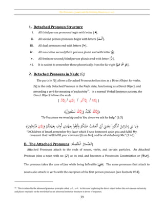 The Pronouns [‫ر‬ِ‫َّمائ‬‫الض‬] and the Pointing Nouns [‫ة‬َ‫اْلشار‬ ُ‫أمساء‬]
39
1. Detached Pronoun Structure
i. All third person pronouns begin with letter [‫ه‬].
ii. All second person pronouns begin with letters [َُ‫ت‬‫ح‬‫ن‬َ‫أ‬].
iii. All dual pronouns end with letters [‫ما‬].
iv. All masculine second/third persons plural end with letter [ُ‫ح‬‫م‬].
v. All feminine second/third person plurals end with letter [ُ‫ن‬].
vi. It is easiest to remember these phonetically from the far right [ُ‫ح‬‫م‬‫اُه‬‫ُُه‬َ‫و‬‫ه‬] .
2. Detached Pronouns in Naṣb: [َّ‫َي‬ِ‫إ‬]
The particle [َُّ‫َي‬ِ‫إ‬] allows a Detached Pronoun to function as a Direct Object for verbs.
[َُّ‫َي‬ِ‫إ‬] is the only Detached Pronoun in the Naṣb state, functioning as a Direct Object, and
preceding a verb for meaning of exclusivity35
. In a normal Verbal Sentence pattern, the
Direct Object follows the verb.
[ َ‫ك‬َّ‫َي‬ِ‫إ‬ / َ‫ي‬َّ‫َي‬ِ‫إ‬ / ‫م‬ُ‫ك‬َّ‫َي‬ِ‫إ‬ / ‫َّن‬َّ‫َي‬ِ‫إ‬ ]
﴿َ‫ك‬َّ‫َي‬ِ‫إ‬َ‫و‬ ُ‫د‬ُ‫ب‬ْ‫ع‬َ‫ن‬َ‫ك‬َّ‫َي‬ِ‫إ‬ُ‫ي‬ِ‫ع‬َ‫ت‬ْ‫س‬َ‫ن‬﴾
“To You alone we worship and to You alone we ask for help.” (1:5)
﴿‫َي‬َ‫يل‬ِ‫ائ‬َ‫ر‬ْ‫س‬ِ‫إ‬ َِِ‫ب‬‫ٱ‬َ
ِ‫ِت‬َ‫م‬ْ‫ع‬ِ‫ن‬ ْ‫ا‬‫و‬ُ‫ر‬ُ‫ك‬ْ‫ذ‬َ‫ٱ‬َ‫و‬ ْ‫م‬ُ‫ك‬ِ‫د‬ْ‫ه‬َ‫ع‬ِ‫ب‬ ِ‫ُوف‬‫أ‬ ‫ي‬ِ‫د‬ْ‫ه‬َ‫ع‬ِ‫ب‬ ْ‫ا‬‫و‬ُ‫ف‬ْ‫َو‬‫أ‬َ‫و‬ ْ‫م‬ُ‫ك‬ْ‫ي‬َ‫ل‬َ‫ع‬ ُ‫ت‬ْ‫م‬َ‫ع‬ْ‫َن‬‫أ‬ ِ‫ِت‬َ‫ي‬َّ‫َي‬ِ‫إ‬َ‫ف‬‫ٱ‬ِ‫ون‬ُ‫ب‬َ‫ﻫ‬ْ‫ر‬﴾
“O Children of Israel, remember My favor which I have bestowed upon you and fulfill My
covenant that I will fulfill your covenant [from Me], and be afraid of only Me.” (2:40)
B. The Attached Pronouns [ َّ‫لض‬َ‫ا‬‫م‬ُ‫ر‬ِ‫ائ‬ُ‫م‬ْ‫ل‬‫ا‬َ‫ل‬ِ‫َّص‬‫ت‬‫ة‬ ]
Attached Pronouns attach to the ends of nouns, verbs, and certain particles. An Attached
Pronoun joins a noun with no [‫ال‬] at its end, and becomes a Possession Construction or [‫ة‬َ‫ف‬‫ضا‬ِ‫إ‬].
The pronoun takes the case of Jarr while being Inflexible [ُِ‫ين‬‫ح‬‫ب‬َ‫م‬]. The same pronouns that attach to
nouns also attach to verbs with the exception of the first person pronoun (see footnote #34).
35 This is related to the advanced grammar principle called ‫ري‬ ِ‫ْخ‬َ‫َت‬ َ‫و‬ ‫دي‬ْ‫ق‬َ‫ت‬. In this case by placing the direct object before the verb causes exclusivity
and places emphasis on the word that has an abnormal sentence structure in terms of sequence.
 