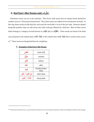 Particles [‫اْلروف‬] and Broken Plurals [‫كسري‬‫الت‬ ‫َجع‬]
46
D. Ḥarf Jarr–like Nouns and [‫روف‬ُّ‫ظ‬‫ال‬]
Sometimes nouns can act as Jarr particles. This occurs with nouns that are always found attached to
another noun in a “Possession Construction”. Thus, these nouns are seldom if ever found alone in Arabic. In
this way, those words act like Ḥarf Jarr and cause the word after it to be in the Jarr state. However, despite
being like particles, they are still nouns since their ends get affected by a Ḥarf Jarr. Most of these nouns
below belong to a category of words known as [‫ف‬‫ح‬‫ر‬َّ‫ظ‬‫ُال‬‫م‬‫ح‬‫س‬ِ‫ا‬] or [‫ف‬‫ح‬‫ر‬َّ‫ظ‬‫ال‬]. These words are found in the Naṣb
case and point to the relative place [‫كان‬َ‫ُامل‬‫ف‬‫ح‬‫ر‬َ‫ظ‬] or the relative time [‫مان‬َّ‫ُالز‬‫ف‬‫ح‬‫ر‬َ‫ظ‬] that a certain action occurs
in.39
These nouns are being listed here for completion.
1. Examples of Ḥarf Jarr-like Nouns
‫ض‬‫ح‬‫ع‬َ‫ب‬ some (of)
َُ‫ل‬‫ح‬‫و‬َ‫ح‬ around
َُ‫ل‬‫ح‬‫ب‬َ‫ق‬ before
َُ‫د‬‫ح‬‫ع‬َ‫ب‬ after
َُ‫ن‬‫و‬‫د‬ besides/other
than
‫ون‬‫ُد‬‫ح‬‫ن‬ِ‫م‬ُُ/َُ‫ر‬‫ح‬‫ي‬َ‫غ‬ other than
ُ‫ح‬‫ن‬‫د‬َ‫ل‬ُُُ/‫ى‬َ‫د‬َ‫ل‬ from/with
39 These nouns also known as [ِ‫يه‬ِ‫ف‬ ‫عول‬ْ‫ف‬َ‫م‬] can however take the Jarr case if acted upon by a Ḥarf Jarr. Please see examples (i) and (ii) on the next page.
 