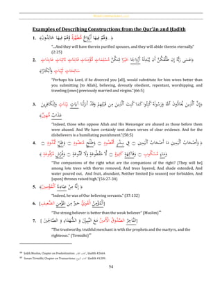 Word Constructions [‫بات‬‫ك‬‫]املر‬
54
Examples of Describing Constructions from the Qur’ān and Ḥadīth
1. ﴾َ‫ن‬‫و‬ُ‫د‬ِ‫ال‬َ‫خ‬ ‫ا‬َ‫يه‬ِ‫ف‬ ْ‫م‬ُ‫ﻫ‬َّ‫و‬ ‫ة‬َ‫ر‬َّ‫ه‬َ‫ط‬ُّ‫م‬ ‫اج‬َ‫و‬ْ‫َز‬‫أ‬ ‫ا‬َ‫يه‬ِ‫ف‬ ْ‫م‬َُ‫َل‬َ‫و‬...﴿
“…And they will have therein purified spouses, and they will abide therein eternally.”
(2:25)
2. ٍ‫ات‬َ‫د‬ِ‫ب‬‫ا‬َ‫ع‬ ٍ‫ات‬َ‫ب‬ِ‫ئ‬َ‫َت‬ ٍ‫ات‬َ‫ت‬ِ‫ان‬َ‫ق‬ ٍ‫ات‬َ‫ن‬ِ‫م‬ْ‫ؤ‬ُّ‫م‬ ٍ‫ات‬َ‫م‬ِ‫ل‬ْ‫س‬ُ‫م‬ َّ‫ن‬ُ‫ك‬‫ن‬ِ‫م‬ ‫ا‬‫ا‬‫ر‬ْ‫ي‬َ‫خ‬ ‫ا‬‫ا‬‫اج‬َ‫و‬ْ‫َز‬‫أ‬ ُ‫ه‬َ‫ل‬ِ‫د‬ْ‫ب‬ُ‫ي‬ ‫َن‬‫أ‬ َّ‫ن‬ُ‫ك‬َ‫ق‬َّ‫ل‬َ‫ط‬ ‫ن‬ِ‫إ‬ ُ‫ه‬ُّ‫ب‬َ‫ر‬ ‫ى‬َ‫س‬َ‫ع‬﴿
ٍ‫ات‬َ‫ب‬ِ‫ي‬َ‫ث‬ ٍ‫ات‬َ‫ح‬ِ‫ائ‬َ‫س‬‫ا‬‫ار‬َ‫ك‬ْ‫َب‬‫أ‬َ‫و‬‫ا‬﴾
“Perhaps his Lord, if he divorced you [all], would substitute for him wives better than
you submitting [to Allah], believing, devoutly obedient, repentant, worshipping, and
traveling [ones] previously married and virgins.”(66:5)
3.
َ‫ين‬ِ‫ر‬ِ‫اف‬َ‫ك‬ْ‫ل‬ِ‫ل‬َ‫و‬ ٍ‫ات‬َ‫ن‬ِ‫ي‬َ‫ب‬ ٍ‫ت‬َ‫آَي‬ ‫ا‬َ‫ن‬ْ‫ل‬َ‫َنز‬‫أ‬ ْ‫د‬َ‫ق‬َ‫و‬ ْ‫م‬ِ‫ه‬ِ‫ل‬ْ‫ب‬َ‫ق‬ ‫ن‬ِ‫م‬ َ‫ين‬ِ‫ذ‬َّ‫ل‬‫ٱ‬ َ‫ت‬ِ‫ب‬ُ‫ك‬ ‫ا‬َ‫م‬َ‫ك‬ ‫ا‬‫و‬ُ‫ت‬ِ‫ب‬ُ‫ك‬ُ‫ه‬َ‫ل‬‫و‬ُ‫س‬َ‫ر‬َ‫و‬ ََّ‫ٱّلل‬ َ‫ن‬‫و‬ُّ‫اد‬َُ‫ُي‬ َ‫ين‬ِ‫ذ‬َّ‫ل‬‫ٱ‬ َّ‫ن‬ِ‫إ‬﴿
﴾‫ي‬ِ‫ه‬ُّ‫م‬ ‫اب‬َ‫ذ‬َ‫ع‬
“Indeed, those who oppose Allah and His Messenger are abased as those before them
were abased. And We have certainly sent down verses of clear evidence. And for the
disbelievers is a humiliating punishment.”(58:5)
4. ‫۝‬ ٍ‫ود‬ُ‫د‬َّْ‫مم‬ ٍ‫ل‬ِ‫ظ‬َ‫و‬ ‫۝‬ ٍ‫ود‬ُ‫نض‬َّ‫م‬ ٍ‫ح‬ْ‫ل‬َ‫ط‬َ‫و‬ ‫۝‬ ٍ‫ود‬ُ‫ض‬َّْ‫َّم‬ ٍ‫ر‬ْ‫د‬ِ‫س‬ ِ‫ف‬ ‫۝‬ ِ‫ي‬ِ‫م‬َ‫ي‬ْ‫ل‬‫ٱ‬ ُ‫اب‬َ‫ح‬ْ‫َص‬‫أ‬ ‫ا‬َ‫م‬ ِ‫ي‬ِ‫م‬َ‫ي‬ْ‫ل‬‫ٱ‬ ُ‫اب‬َ‫ح‬ْ‫َص‬‫أ‬َ‫و‬ُ﴿
﴾ ٍ‫ة‬َ‫وع‬ُ‫ف‬ْ‫ر‬َّ‫م‬ ٍ‫ش‬ُ‫ر‬ُ‫ف‬َ‫و‬ ‫۝‬ ٍ‫ة‬َ‫وع‬ُ‫ن‬َْ‫مم‬ َ‫ال‬َ‫و‬ ٍ‫ة‬َ‫وع‬ُ‫ط‬ْ‫ق‬َ‫م‬ َّ‫ال‬ ‫۝‬ ٍ‫ة‬َ‫ري‬ِ‫ث‬َ‫ك‬ ٍ‫ة‬َ‫ه‬ِ‫اك‬َ‫ف‬َ‫و‬ ‫۝‬ ٍ‫وب‬ُ‫ك‬ْ‫س‬َّ‫م‬ ٍ‫اء‬َ‫م‬َ‫و‬
“The companions of the right what are the companions of the right? [They will be]
among lote trees with thorns removed, And trees layered, And shade extended, And
water poured out, And fruit, abundant, Neither limited [to season] nor forbidden, And
[upon] thrones raised high.”(56:27-34)
5. ﴾َ‫ي‬ِ‫ن‬ِ‫م‬ْ‫ؤ‬ُ‫م‬ْ‫ل‬‫ٱ‬ َ‫َّن‬ِ‫اد‬َ‫ب‬ِ‫ع‬ ْ‫ن‬ِ‫م‬ ُ‫َّه‬‫ن‬ِ‫إ‬ ﴿
“Indeed, he was of Our believing servants.” (37:132)
6. [ ِ‫َّعيف‬‫الض‬ ِ‫ن‬‫م‬ْ‫ؤ‬
ُ
‫امل‬ ‫ن‬ِ‫م‬ ‫خري‬ ُّ‫وي‬َ‫ق‬ْ‫ل‬‫ا‬ ُ‫ن‬ِ‫م‬ْ‫ؤ‬ُ‫م‬ْ‫ل‬َ‫ا‬]
“The strong believer is better than the weak believer” (Muslim)
48
7. [ َ‫ي‬ِ‫اْل‬َّ‫الص‬ َ‫و‬ ِ‫اء‬َ‫د‬َ‫ُّه‬‫الش‬ َ‫و‬ َِ‫يي‬ِ‫ب‬َّ‫ن‬‫ال‬ َ‫ع‬َ‫م‬ ُ‫َمي‬ْ‫األ‬ ُ‫وق‬ُ‫د‬َّ‫الص‬ ُ‫ر‬ ِ‫َّاج‬‫ت‬‫ال‬]
“The trustworthy, truthful merchant is with the prophets and the martyrs, and the
righteous.” (Tirmidhi)49
48 Ṣaḥīḥ Muslim, Chapter on Predestination: ‫ر‬َ‫د‬َ‫الق‬ ‫كتاب‬, Ḥadīth #2664.
49 Sunan Tirmidhi, Chapter on Transactions: ‫البيوع‬ ‫كتاب‬ Ḥadīth #1209.
 