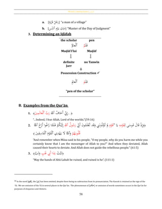 Word Constructions [‫بات‬‫ك‬‫]املر‬
58
a. [ٍ‫ة‬َ‫ي‬ْ‫ر‬َ‫ق‬ ُ‫ل‬ُ‫ج‬َ‫ر‬] “a man of a village”
b. [‫م‬ِ‫ك‬ِ‫ل‬ِ‫م‬ْ‫و‬َ‫ي‬‫ٱ‬ِ‫ن‬‫ي‬ِ‫لد‬] “Master of the Day of Judgment”
3. Determining an Iḍāfah
the scholar pen
ُ
ِ‫عاَّل‬ْ‫ل‬‫ٱ‬ َ‫ل‬َ‫ق‬‫م‬
Muḍāf I’lai Muḍāf
definite
Jarr
no Tanwīn

Possession Construction 
ِِ‫عاَّل‬ْ‫ل‬‫ٱ‬ َ‫ل‬َ‫ق‬ُ‫م‬
“pen of the scholar”
B. Examples from the Qur’ān
1. ﴿...ُ‫اف‬َ‫َخ‬‫أ‬ ِ‫ِن‬ِ‫إ‬‫ٱ‬ََّ‫ّلل‬َّ‫ب‬َ‫ر‬‫ٱ‬َ‫ي‬ِ‫م‬َ‫ل‬‫ا‬َ‫ع‬ْ‫ل‬﴾
“…Indeed, I fear Allah, Lord of the worlds.”(59:16)
2. ﴿ِ‫ل‬ ‫ى‬َ‫وس‬ُ‫م‬ َ‫ال‬َ‫ق‬ ْ‫ذ‬ِ‫إ‬َ‫و‬ِ‫ه‬ِ‫م‬ْ‫و‬َ‫ق‬َ‫َي‬50ِ‫م‬ْ‫و‬َ‫ق‬ِ‫َِن‬‫أ‬ َ‫ن‬‫و‬ُ‫م‬َ‫ل‬ْ‫َّع‬‫ت‬ ‫د‬َ‫ق‬َ‫و‬ َِِ‫ن‬‫و‬ُ‫ذ‬ْ‫ؤ‬ُ‫ت‬ َ
ِ‫َّل‬ُ‫ول‬ُ‫س‬َ‫ر‬‫ٱ‬َِّ‫ّلل‬َ‫غ‬‫ا‬َ‫َز‬‫أ‬ ‫ا‬‫و‬ُ‫غ‬‫ا‬َ‫ز‬ ‫ا‬َّ‫م‬َ‫ل‬َ‫ف‬ ْ‫م‬ُ‫ك‬ْ‫ي‬َ‫ل‬ِ‫إ‬‫ٱ‬َُّ‫ّلل‬
ْ‫م‬ُ‫ه‬َ‫وب‬ُ‫ل‬ُ‫ق‬َ‫و‬‫ٱ‬‫ي‬ِ‫د‬ْ‫ه‬َ‫ي‬ َ‫ال‬ َُّ‫ّلل‬‫ٱ‬َ‫م‬ْ‫و‬َ‫ق‬ْ‫ل‬‫ٱ‬َ‫ي‬ِ‫ق‬ِ‫اس‬َ‫ف‬ْ‫ل‬ُ﴾
“And remember when Mūsa said to his people, "O my people, why do you harm me while you
certainly know that I am the messenger of Allah to you?" And when they deviated, Allah
caused their hearts to deviate. And Allah does not guide the rebellious people.” (61:5)
3. ﴿ْ‫ت‬َّ‫ب‬َ‫ت‬‫ا‬َ‫د‬َ‫ي‬َ‫أ‬ٍ‫ب‬ََ‫َل‬ ِ‫ب‬َّ‫ب‬َ‫ت‬َ‫و‬﴾
“May the hands of Abū Lahab be ruined, and ruined is he”. (111:1)
50 In the word [ُِ‫م‬‫ح‬‫و‬َ‫,]ق‬ the [‫]ي‬ has been omitted, despite there being no subtraction from its pronunciation. The Kasrah is retained as the sign of the
Yā. We see omission of the Yā in several places in the Qur’ān. The phenomenon of [‫حف‬‫ذ‬َ‫]ح‬ or omission of words sometimes occurs in the Qur’ān for
purposes of eloquence and rhetoric.
 