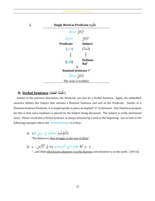 The Nominal Sentence [‫ة‬‫االمسي‬ ‫]اْلملة‬
72
2. Single Word as Predicate [‫د‬َ‫ر‬‫ح‬‫ف‬‫م‬]
ُ‫ل‬ُ‫ج‬َّ‫الر‬‫ق‬ِ‫صاد‬
‫ق‬ِ‫صاد‬ ُ‫ل‬ُ‫ج‬َّ‫الر‬
Predicate
[ َ‫ب‬َ‫خ‬]
Subject
[‫أ‬َ‫د‬َ‫بت‬ُ‫م‬]
[‫د‬َ‫ر‬‫ح‬‫ف‬‫م‬]
Definite
Raf‛

Nominal Sentence 
ُ‫ل‬ُ‫ج‬َّ‫الر‬‫ق‬ِ‫صاد‬
The man is truthful.
D. Verbal Sentence [ ُ‫ح‬‫جل‬‫ا‬ُ‫ة‬َ‫ل‬‫ح‬‫م‬ُ‫ال‬‫ة‬َّ‫ي‬ِ‫ل‬‫ح‬‫ع‬ِ‫ف‬ ]
Similar to the previous discussion, the Predicate can also be a Verbal Sentence. Again, the embedded
sentence follows the Subject that initiates a Nominal Sentence and acts as the Predicate. Similar to a
Nominal Sentence Predicate, it is inappropriate to place an implied “is” in-between. One rhetorical purpose
for this is that extra emphasis is placed on the Subject being discussed. The Subject is really mentioned
twice. Please recall that a Verbal Sentence is always initiated by a verb at the beginning. Let us look at the
following examples where the Verbal Sentence is in blue..
1. [
ُ‫م‬ْ‫ل‬َ‫ا‬َ‫ن‬‫و‬ُ‫ن‬ِ‫م‬ْ‫ؤ‬‫ا‬‫و‬ُ‫د‬ِ‫جاﻫ‬ِ‫هللا‬ ِ‫يل‬ِ‫ب‬َ‫س‬ ‫ف‬ ]
“The Believers, they struggle in the way of Allah.”
2. ﴿..َ‫و‬َُّ‫ٱّلل‬ِ‫ات‬َ‫او‬َ‫م‬َّ‫ٱلس‬ ِ‫ف‬ ‫ا‬َ‫م‬ ُ‫م‬َ‫ل‬ْ‫ع‬َ‫ي‬.. ِ‫ض‬ْ‫َر‬ْ‫ٱأل‬ ِ‫ف‬ ‫ا‬َ‫م‬َ‫و‬﴾
“…and Allah (He) knows whatever is in the heavens and whatever is on the earth…”(49:16)
 