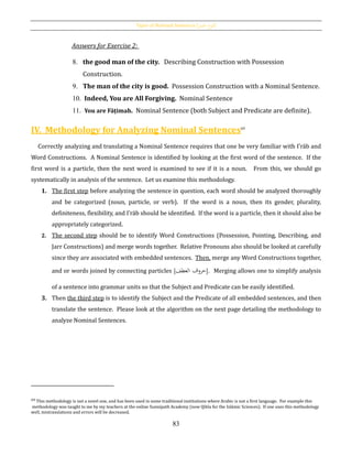Types of Nominal Sentences [‫اْلمل‬ ‫اع‬‫و‬‫أن‬]
83
Answers for Exercise 2:
8. the good man of the city. Describing Construction with Possession
Construction.
9. The man of the city is good. Possession Construction with a Nominal Sentence.
10. Indeed, You are All Forgiving. Nominal Sentence
11. You are Fāṭimah. Nominal Sentence (both Subject and Predicate are definite).
IV. Methodology for Analyzing Nominal Sentences69
Correctly analyzing and translating a Nominal Sentence requires that one be very familiar with I‛rāb and
Word Constructions. A Nominal Sentence is identified by looking at the first word of the sentence. If the
first word is a particle, then the next word is examined to see if it is a noun. From this, we should go
systematically in analysis of the sentence. Let us examine this methodology.
1. The first step before analyzing the sentence in question, each word should be analyzed thoroughly
and be categorized (noun, particle, or verb). If the word is a noun, then its gender, plurality,
definiteness, flexibility, and I‛rāb should be identified. If the word is a particle, then it should also be
appropriately categorized.
2. The second step should be to identify Word Constructions (Possession, Pointing, Describing, and
Jarr Constructions) and merge words together. Relative Pronouns also should be looked at carefully
since they are associated with embedded sentences. Then, merge any Word Constructions together,
and or words joined by connecting particles [‫العطف‬ ‫حروف‬]. Merging allows one to simplify analysis
of a sentence into grammar units so that the Subject and Predicate can be easily identified.
3. Then the third step is to identify the Subject and the Predicate of all embedded sentences, and then
translate the sentence. Please look at the algorithm on the next page detailing the methodology to
analyze Nominal Sentences.
69 This methodology is not a novel one, and has been used in some traditional institutions where Arabic is not a first language. For example this
methodology was taught to me by my teachers at the online Sunnipath Academy (now Qibla for the Islāmic Sciences). If one uses this methodology
well, mistranslations and errors will be decreased.
 