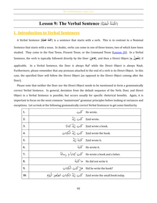 The Verbal Sentence [‫الفعلية‬ ‫اْلملة‬]
95
Lesson 9: The Verbal Sentence [ ُ‫ة‬َ‫ل‬ْ‫م‬ُْ‫ْل‬َ‫ا‬ْ‫ل‬‫ا‬َّ‫ي‬ِ‫ل‬ْ‫ع‬ِ‫ف‬ُ‫ة‬ ]
I. Introduction to Verbal Sentences
A Verbal Sentence [‫ة‬‫ُفعلي‬‫ة‬َ‫ل‬‫َج‬] is a sentence that starts with a verb. This is in contrast to a Nominal
Sentence that starts with a noun. In Arabic, verbs can come in one of three tenses, two of which have been
studied. They come in the Past Tense, Present Tense, or the Command Tense (Lesson 10). In a Verbal
Sentence, the verb is typically followed directly by the Doer [‫ل‬ِ‫فاع‬], and then a Direct Object [ُِ‫ه‬ِ‫ب‬ُ‫عول‬‫ح‬‫ف‬َ‫م‬] if
applicable. In a Verbal Sentence, the Doer is always Raf‛ while the Direct Object is always Naṣb.
Furthermore, please remember that any pronoun attached to the end of a verb is its Direct Object. In this
case, the specified Doer will follow the Direct Object (as opposed to the Direct Object coming after the
Doer).
Please note that neither the Doer nor the Direct Object needs to be mentioned to form a grammatically
correct Verbal Sentence. In general, deviation from the default sequence of the Verb, Doer, and Direct
Object in a Verbal Sentence is possible, but occurs usually for specific rhetorical benefits. Again, it is
important to focus on the most common “mainstream” grammar principles before looking at variances and
exceptions. Let us look at the following grammatically correct Verbal Sentences to get some familiarity.
1.
َ‫ب‬َ‫ت‬َ‫ك‬ He wrote.
2. ‫د‬ْ‫ي‬َ‫ز‬ َ‫ب‬َ‫ت‬َ‫ك‬ Zaid wrote.
3. ‫د‬ْ‫ي‬َ‫ز‬ َ‫ب‬َ‫ت‬َ‫ك‬‫ا‬‫تاِب‬ِ‫ك‬ Zaid wrote a book.
4. ‫د‬ْ‫ي‬َ‫ز‬ َ‫ب‬َ‫ت‬َ‫ك‬َ‫تاب‬ِ‫ك‬ْ‫ل‬‫ا‬ Zaid wrote the book.
5. ‫د‬ْ‫ي‬َ‫ز‬ ُ‫ه‬َ‫ب‬َ‫ت‬َ‫ك‬ Zaid wrote it.
6.
ُ‫ه‬َ‫ب‬َ‫ت‬َ‫ك‬ He wrote it.
7. ‫ا‬‫ة‬َ‫ل‬‫سا‬ِ‫ر‬ َ‫و‬ ‫ا‬‫ِب‬‫تا‬ِ‫ك‬ َ‫ب‬َ‫ت‬َ‫ك‬ He wrote a book and a letter.
8.
ُ‫ه‬َ‫ب‬َ‫ت‬َ‫ك‬‫ما‬ He did not write it
9.
َ‫تاب‬ِ‫ك‬ْ‫ل‬‫ا‬ َ‫ب‬َ‫ت‬َ‫ك‬ْ‫ل‬َ‫ﻫ‬ Did he write the book?
10. ‫د‬ْ‫ي‬َ‫ز‬ َ‫ب‬َ‫ت‬َ‫ك‬َ‫م‬ْ‫و‬َ‫ي‬ْ‫ل‬‫ا‬ َ‫غري‬َّ‫الص‬ َ‫تاب‬ِ‫الك‬ Zaid wrote the small book today.
 