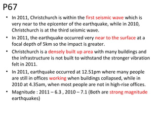 • In 2011, Christchurch is within the first seismic wave which is
very near to the epicenter of the earthquake, while in 2010,
Christchurch is at the third seismic wave.
• In 2011, the earthquake occurred very near to the surface at a
focal depth of 5km so the impact is greater.
• Christchurch is a densely built up area with many buildings and
the infrastructure is not built to withstand the stronger vibration
felt in 2011.
• In 2011, earthquake occurred at 12.51pm where many people
are still in offices working when buildings collapsed, while in
2010 at 4.35am, when most people are not in high-rise offices.
• Magnitude : 2011 – 6.3 , 2010 – 7.1 (Both are strong magnitude
earthquakes)
P67
 