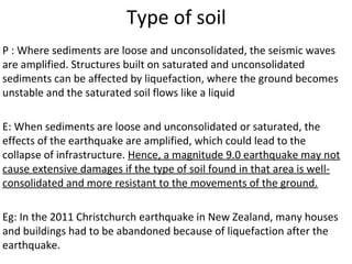 Type of soil
P : Where sediments are loose and unconsolidated, the seismic waves
are amplified. Structures built on saturated and unconsolidated
sediments can be affected by liquefaction, where the ground becomes
unstable and the saturated soil flows like a liquid
E: When sediments are loose and unconsolidated or saturated, the
effects of the earthquake are amplified, which could lead to the
collapse of infrastructure. Hence, a magnitude 9.0 earthquake may not
cause extensive damages if the type of soil found in that area is well-
consolidated and more resistant to the movements of the ground.
Eg: In the 2011 Christchurch earthquake in New Zealand, many houses
and buildings had to be abandoned because of liquefaction after the
earthquake.
 