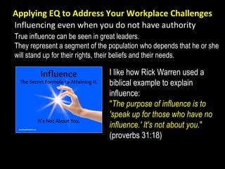 Influencing even when you do not have authority
Applying EQ to Address Your Workplace Challenges
True influence can be seen in great leaders.
They represent a segment of the population who depends that he or she
will stand up for their rights, their beliefs and their needs.
I like how Rick Warren used a
biblical example to explain
influence:
"The purpose of influence is to
'speak up for those who have no
influence.' It's not about you."
(proverbs 31:18)
 
