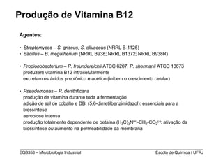 Produção de Vitamina B12
Agentes:

• Streptomyces – S. griseus, S. olivaceus (NRRL B-1125)
• Bacillus – B. megatherium (NRRL B938; NRRL B1372; NRRL B938R)

• Propionobacterium – P. freundereichii ATCC 6207, P. shermanii ATCC 13673
  produzem vitamina B12 intracelularmente
  excretam os ácidos propiônico e acético (inibem o crescimento celular)

• Pseudomonas – P. denitrificans
  produção de vitamina durante toda a fermentação
  adição de sal de cobalto e DBI (5,6-dimetilbenzimidazol): essenciais para a
  biossíntese
  aerobiose intensa
  produção totalmente dependente de betaína (H3C)3N(+)-CH2-CO2(-): ativação da
  biossíntese ou aumento na permeabilidade da membrana



_________________________________________________________________________________
EQB353 – Microbiologia Industrial                           Escola de Química / UFRJ
 