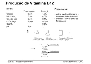 Produção de Vitamina B12
Meios:                                                          Precursores:
                  Crescimento            Produção
Glicose               0,5%                 1,0%                 • colina ou dimetilbenzeno –
Milhocina             0,5%                 4,0%                   doadores de radical metil
Óleo de soja          0,1%                 0,1%                 • cianetos – sob a forma de
CoCl2.6H20            2 ppm                9 ppm                  ferrocianeto
CaCO3                 ---                  0,5%
pH                    7,0                  7,0




                               100mL meio         4 L meio              Propagador -170 L meio
                             shaker 30oC / 48 h   aeração 30oC / 48 h   aeração / agitação


                                                         inóculo (≅ 5%)
                                                  o
                                            25 - 28 C
                                            agitação
                                              (72 rpm)
                                            aeração      anti-espumante
                                           (0.5 VVM)
                                             70-90 h


 _________________________________________________________________________________
 EQB353 – Microbiologia Industrial                           Escola de Química / UFRJ
 