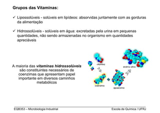 Grupos das Vitaminas:

  Lipossolúveis - solúveis em lipídeos: absorvidas juntamente com as gorduras
  da alimentação

  Hidrossolúveis - solúveis em água: excretadas pela urina em pequenas
  quantidades, não sendo armazenadas no organismo em quantidades
  apreciáveis




A maioria das vitaminas hidrossolúveis
    são constituintes necessários de
   coenzimas que apresentam papel
   importante em diversos caminhos
              metabólicos




_________________________________________________________________________________
EQB353 – Microbiologia Industrial                           Escola de Química / UFRJ
 