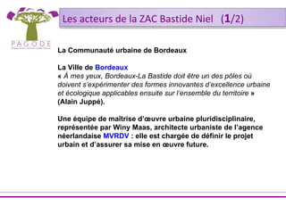 Les acteurs de la ZAC Bastide Niel (1/2)

La Communauté urbaine de Bordeaux

La Ville de Bordeaux
« Á mes yeux, Bordeaux-La Bastide doit être un des pôles où
doivent s’expérimenter des formes innovantes d’excellence urbaine
et écologique applicables ensuite sur l’ensemble du territoire »
(Alain Juppé).

Une équipe de maîtrise d’œuvre urbaine pluridisciplinaire,
représentée par Winy Maas, architecte urbaniste de l’agence
néerlandaise MVRDV : elle est chargée de définir le projet
urbain et d’assurer sa mise en œuvre future.
 