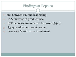 Findings at PepsicoLink between EQ and leadership10% increase in productivity.87% decrease in executive turnover ($4m).$3.75m added economic value.over 1000% return on investment