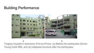 Building Performance
Turgeau hospital in downtown Port-au-Prince: (a) Before the earthquake (Simon
Young Carib RM), and (b) collapsed structure after the earthquake.
a b
 
