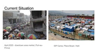 Current Situation
April,2020 - downtown area market, Port-au-
Prince
IDP Camp- Place Boyer, Haiti
 