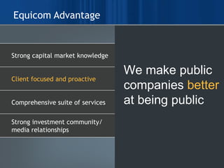 Equicom Advantage We make public  companies  better  at being public Strong capital market knowledge Client focused and proactive Comprehensive suite of services Strong investment community/ media relationships 