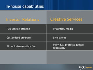In-house capabilities Creative Services  Investor Relations All-inclusive monthly fee Customized programs  Full service offering Individual projects quoted separately Live events Print/New media 