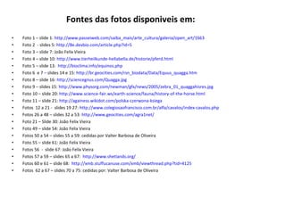 Fontes das fotos disponiveis em: Foto 1 – slide 1:  http://www.passeiweb.com/saiba_mais/arte_cultura/galeria/open_art/1663   Foto 2  - slides 5:  http://8e.devbio.com/article.php?id=5   Foto 3 – slide 7: João Felix Vieira Foto 4 – slide 10:  http://www.tierheilkunde-hellabella.de/historie/pferd.html Foto 5 – slide 13:  http://bioclima.info/equinos.php   Foto 6  e 7  –  slides 14 e 15:  http://br.geocities.com/rsn_biodata/Data/Equus_quagga.htm   Foto 8 – slide 16:  http://sciencegnus.com/Quagga.jpg   Foto 9 – slides 15:  http://www.physorg.com/newman/gfx/news/2005/zebra_01_quaggahisres.jpg   Foto 10 – slide 20:  http://www.science-fair.ws/earth-science/fauna/history-of-the-horse.html   Foto 11 – slide 21:  http://againess.wikidot.com/polska-czerwona-ksiega   Fotos  12 a 21 -  slides 19 27:  http://www.colegiosaofrancisco.com.br/alfa/cavalos/index-cavalos.php   Fotos 26 a 48 – slides 32 a 53:  http://www.geocities.com/agra1net/   Foto 21 – Slide 30: João Felix Vieira Foto 49 – slide 54: João Felix Vieira Fotos 50 a 54 – slides 55 a 59: cedidas por Valter Barbosa de Oliveira Foto 55 – slide 61: João Felix Vieira Fotos 56  -  slide 67: João Felix Vieira Fotos 57 a 59 – slides 65 a 67:  http://www.shetlands.org/   Fotos 60 e 61 – slide 68:  http://xmb.stuffucanuse.com/xmb/viewthread.php?tid=4125   Fotos  62 a 67 – slides 70 a 75: cedidas por: Valter Barbosa de Oliveira 