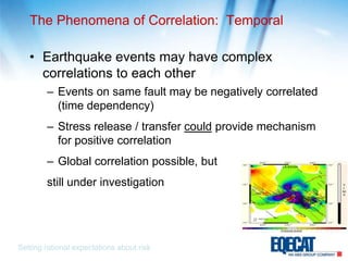 The Phenomena of Correlation:  TemporalEarthquake events may have complex correlations to each otherEvents on same fault may be negatively correlated (time dependency)Stress release / transfer could provide mechanism for positive correlationGlobal correlation possible, but still under investigationSetting rational expectations about risk