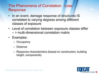 The Phenomena of Correlation:  Loss ResponseIn an event, damage response of structures IS correlated to varying degrees among different classes of exposureLevel of correlation between exposure classes differ – > multi-dimensional correlation matrixExamples:OccupancyDistanceResponse characteristics (based on construction, building height, components)Setting rational expectations about risk