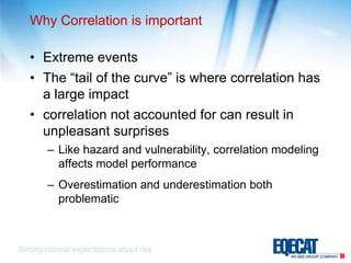 Why Correlation is importantExtreme eventsThe “tail of the curve” is where correlation has a large impactcorrelation not accounted for can result in unpleasant surprisesLike hazard and vulnerability, correlation modeling affects model performance Overestimation and underestimation both problematicSetting rational expectations about risk
