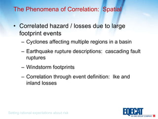 The Phenomena of Correlation:  SpatialCorrelated hazard / losses due to large footprint eventsCyclones affecting multiple regions in a basinEarthquake rupture descriptions:  cascading fault rupturesWindstorm footprintsCorrelation through event definition:  Ike and inland lossesSetting rational expectations about risk