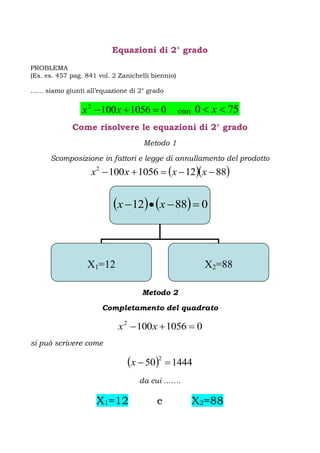 Equazioni di 2° grado

PROBLEMA
(Es. es. 457 pag. 841 vol. 2 Zanichelli biennio)

…… siamo giunti all’equazione di 2° grado


                 x 2  100 x  1056  0            con   0  x  75
             Come risolvere le equazioni di 2° grado
                                     Metodo 1

      Scomposizione in fattori e legge di annullamento del prodotto
                    x 2  100 x  1056  x  12x  88


                           x 12  x  88  0


                  X1=12                                    X2=88

                                    Metodo 2

                       Completamento del quadrato

                            x 2  100 x  1056  0
si può scrivere come

                               x  502  1444
                                   da cui …….

                     X1=12               e               X2=88
 