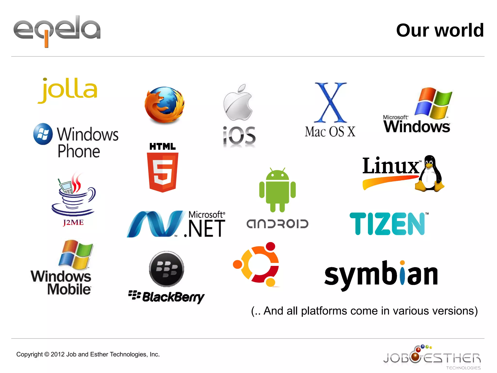 Copyright © 2012 Job and Esther Technologies, Inc.
Our world
(.. And all platforms come in various versions)
 