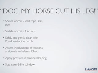 “DOC, MY HORSE CUT HIS LEG!”
•   Secure animal - lead rope, stall,
    pen

•   Sedate animal if fractious

•   Safely and gently clean with
    Povidone-Iodine Scrub

•   Assess involvement of tendons
    and joints ---Referral Clinic

•   Apply pressure if profuse bleeding

•   Stay calm 6-8hr window
 