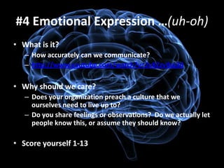 #4 Emotional Expression …(uh-oh)
• What is it?
   – How accurately can we communicate?
   – http://www.youtube.com/watch?v=2v8ZzvIbq30

• Why should we care?
   – Does your organization preach a culture that we
     ourselves need to live up to?
   – Do you share feelings or observations? Do we actually let
     people know this, or assume they should know?

• Score yourself 1-13
 