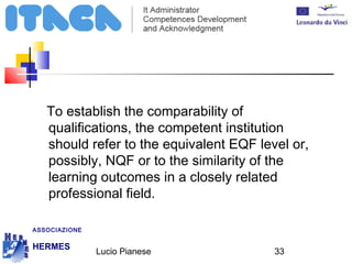 To establish the comparability of 
qualifications, the competent institution 
should refer to the equivalent EQF level or, 
possibly, NQF or to the similarity of the 
learning outcomes in a closely related 
professional field. 
Lucio Pianese 33 
ASSOCIAZIONE 
HERMES 
http://www.hermescuole.it 
 