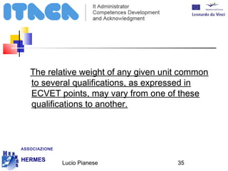 The relative weight of any given unit common 
to several qualifications, as expressed in 
ECVET points, may vary from one of these 
qualifications to another. 
Lucio Pianese 35 
ASSOCIAZIONE 
HERMES 
http://www.hermescuole.it 
 
