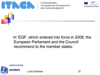 In 'EQF, which entered into force in 2008, the 
European Parliament and the Council 
recommend to the member states: 
Lucio Pianese 37 
ASSOCIAZIONE 
HERMES 
http://www.hermescuole.it 
 