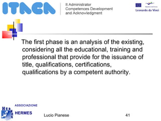 The first phase is an analysis of the existing, 
considering all the educational, training and 
professional that provide for the issuance of 
title, qualifications, certifications, 
qualifications by a competent authority. 
Lucio Pianese 41 
ASSOCIAZIONE 
HERMES 
http://www.hermescuole.it 
 