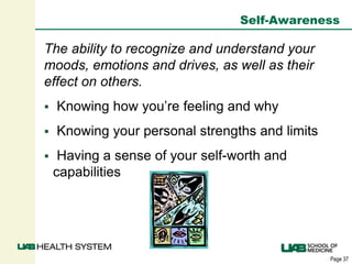 Page 37
Self-Awareness
The ability to recognize and understand your
moods, emotions and drives, as well as their
effect on others.
 Knowing how you’re feeling and why
 Knowing your personal strengths and limits
 Having a sense of your self-worth and
capabilities
 