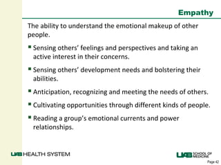 Page 42
Empathy
The ability to understand the emotional makeup of other
people.
 Sensing others’ feelings and perspectives and taking an
active interest in their concerns.
Sensing others’ development needs and bolstering their
abilities.
 Anticipation, recognizing and meeting the needs of others.
Cultivating opportunities through different kinds of people.
 Reading a group’s emotional currents and power
relationships.
 