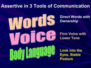 13
Assertive in 3 Tools of Communication
Direct Words with
Ownership
Firm Voice with
Lower Tone
Look into the
Eyes, Stable
Posture
 